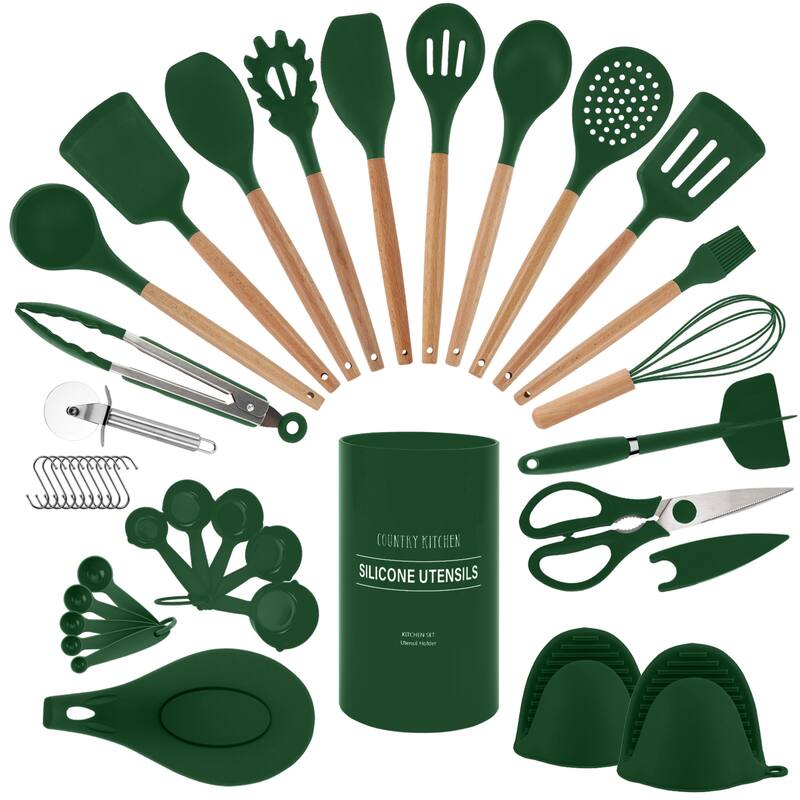 Country Kitchen Non Stick Silicone Utensil Set with Rounded Wood Handles for Cooking and Baking, 38 Piece Set - Green