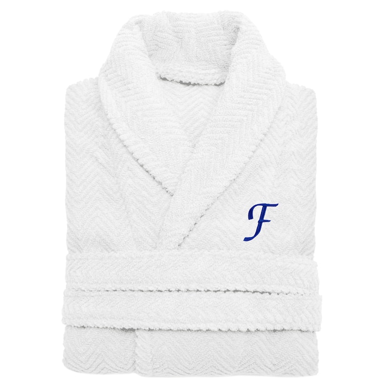 Authentic Hotel and Spa White with Royal Blue Monogrammed Herringbone Weave Turkish Cotton Unisex Bath Robe - S/M - F
