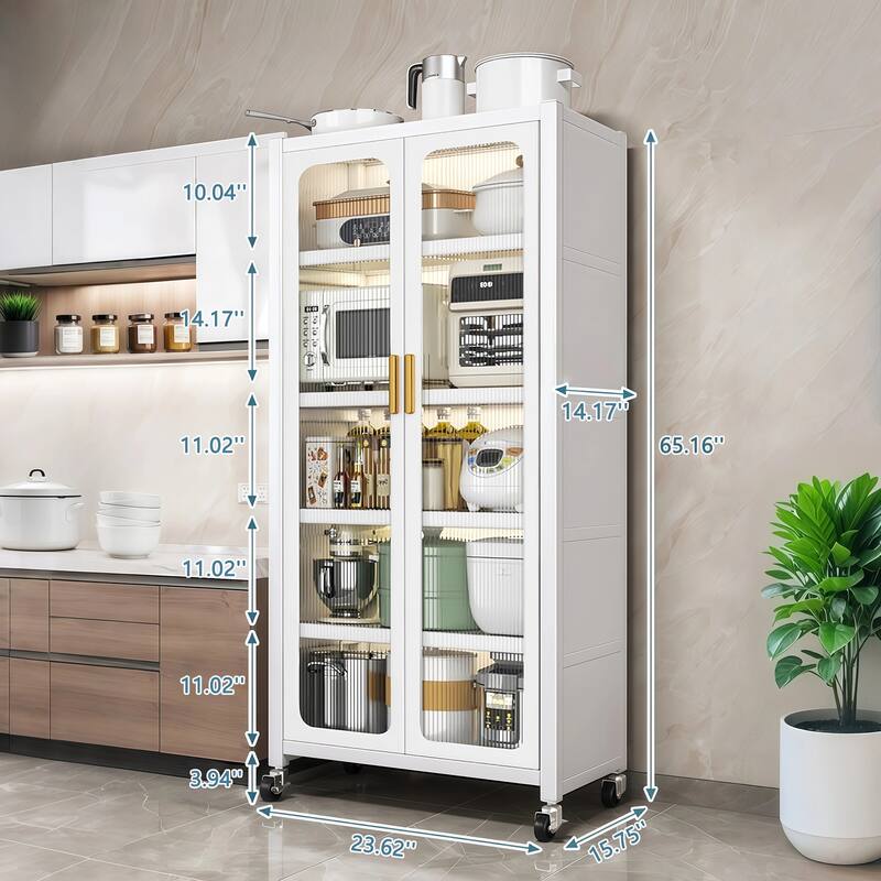 65" Metal Kitchen Pantry Storage Cabinet with Wheels, Adjustable Shelves and Transparent Doors for Living Room or Dining Room