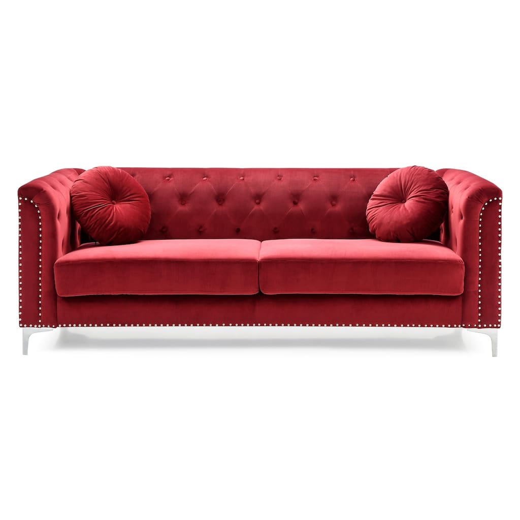 Tufted Nailhead Trim Velvet Sofa with Throw Pillows - 83" - Burgundy