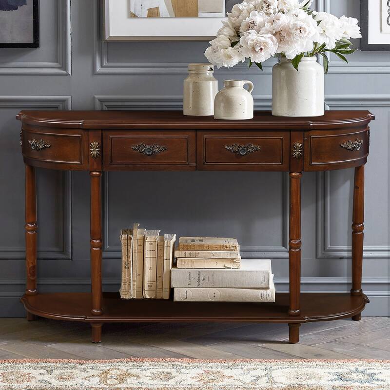 52" Half Moon Sofa Console Table with Open Shelf & 2 Drawers - Cherry