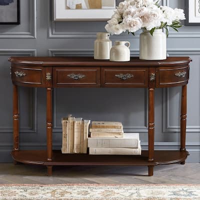 52" Half Moon Sofa Console Table with Open Shelf & 2 Drawers