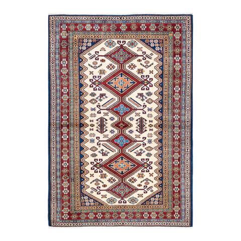 Tribal, One-of-a-Kind Hand-Knotted Area Rug - Ivory, 4' 2" x 6' 1" - 4 X 6