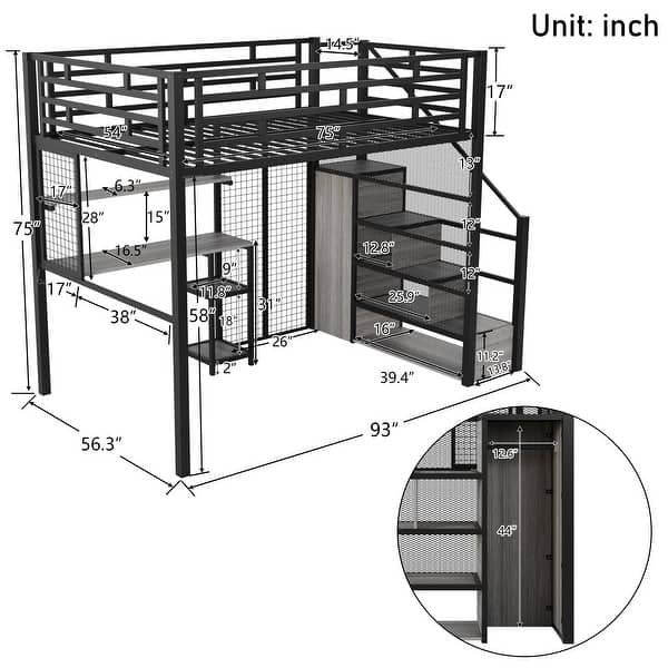 dimension image slide 0 of 2, Full Size Metal Loft Bed with Wardrobe, Built-in Wood Tabletop Desk, Storage Shelves and Storage Stairs for Bedroom