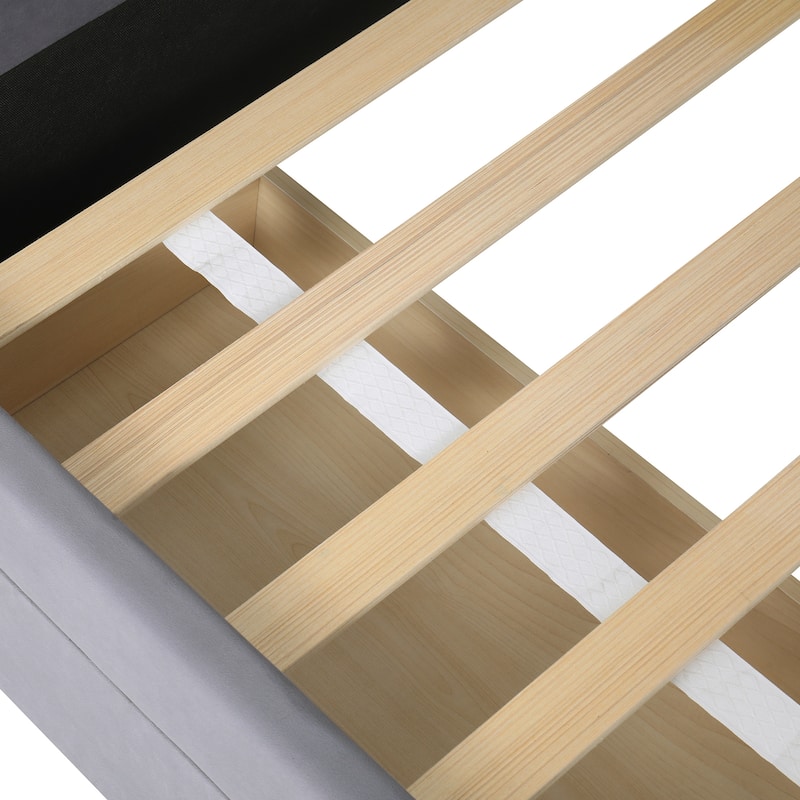 Twin Size Daybed Upholstered Platform Bed with Storage Shelf Headboard and 2 Drawers, Wood Daybed Frame with Curved Armrest