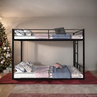 Twin Over Twin Metal Bunk Bed with Guardrails and Wooden Slats