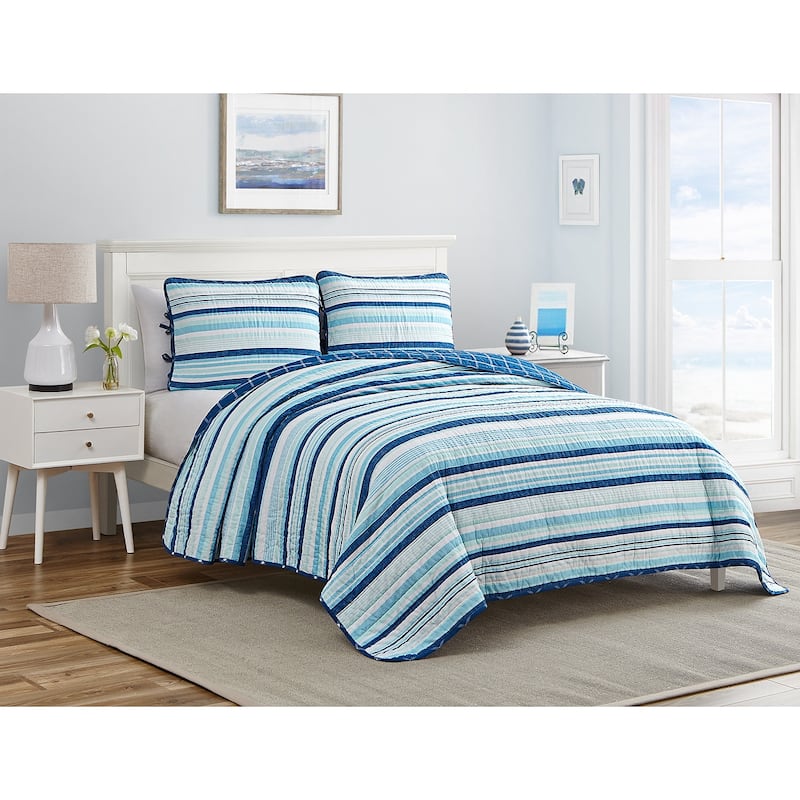 Coastal Stripes Soft Cotton Reversible Quilt Set - Newport Stripe - King