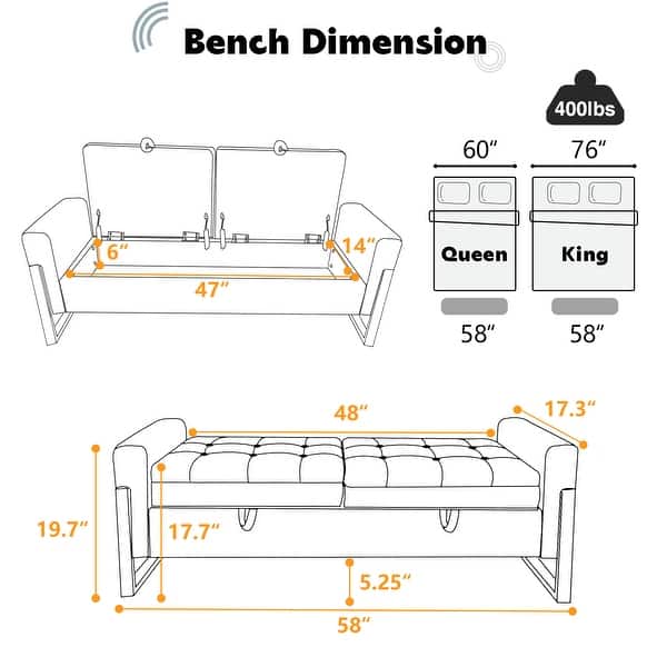 dimension image slide 1 of 13, 66" Storage Bench for Bedroom End of Bed with Double Lids and Gold Legs