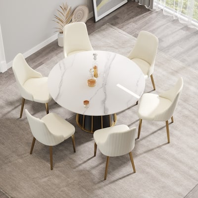 53'' White Sintered Stone Round Dining Table with Lazy Susan - N/A