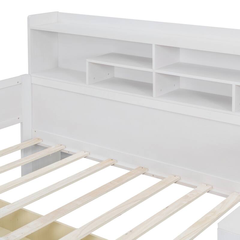 Wooden Twin Size Daybed with Storage Shelves, Multi-functional Bed with Two Storage Drawers and Study Desk