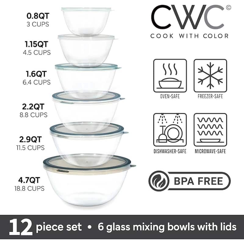 COOK WITH COLOR 12 Pc Glass Nesting Mixing Bowl Set with Lids for Cooking and Prep