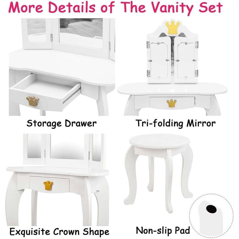 Kids Vanity Table with Tri-Folding Mirror & Drawer Makeup Desk