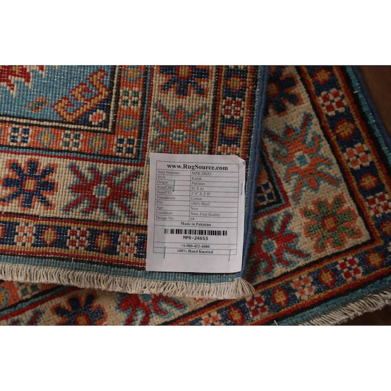 Light Blue Geometric Kazak Oriental Rug Hand-Knotted Wool Carpet - 2'0" x 3'0"