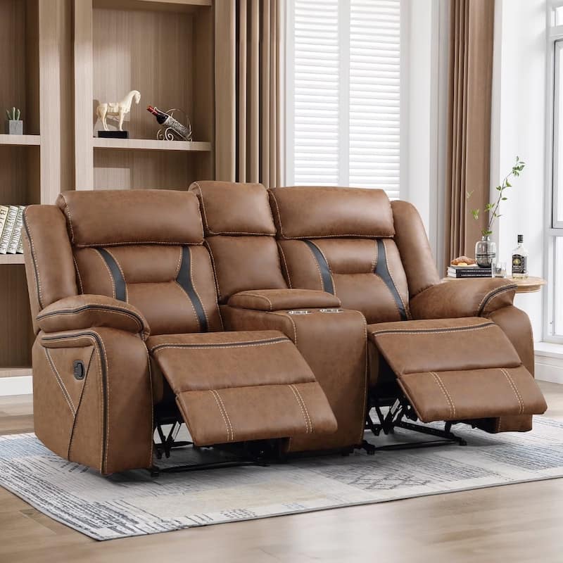 Manual Recliner Sofa Set, Faux Leather Reclining Living Room Furniture Set - Brown - 2 set