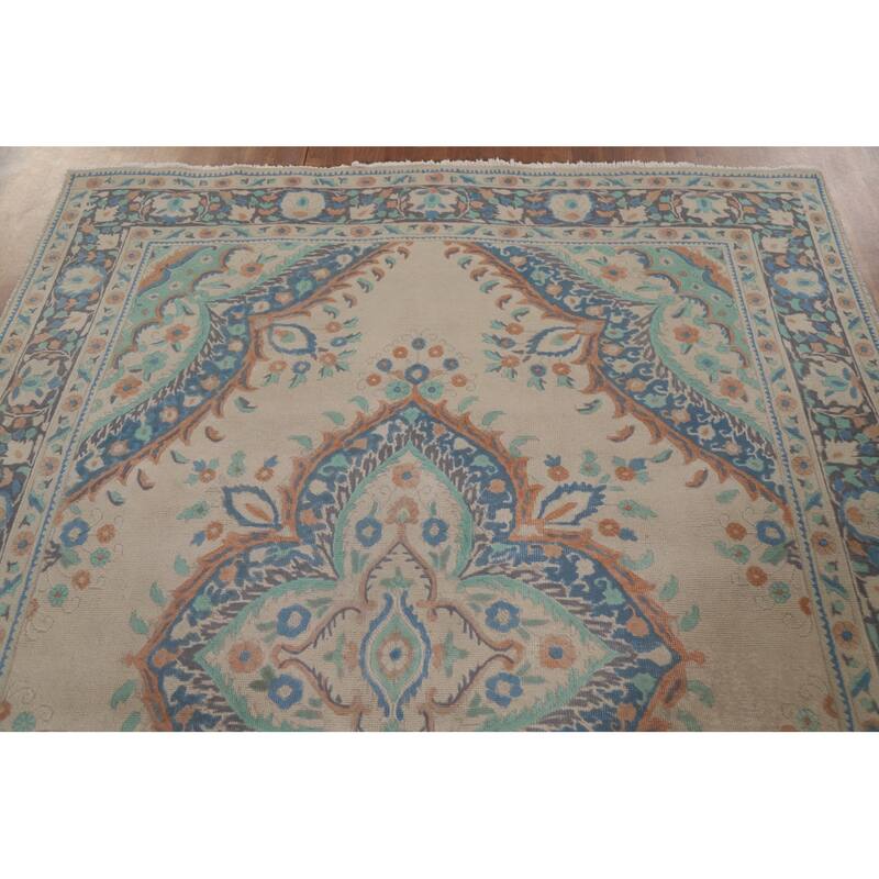 Hand Knotted Oriental 100% Wool Carpet Traditional Floral Beige & Ivories Tabriz Area Rug - 8' 8'' X 6' 5''