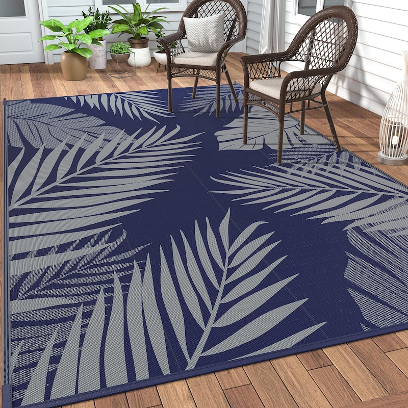Mcow Palm Leaf Collection Reversible Woven Waterproof Outdoor Area Rug - 8' x 10' - Blue/Grey - Rectangle