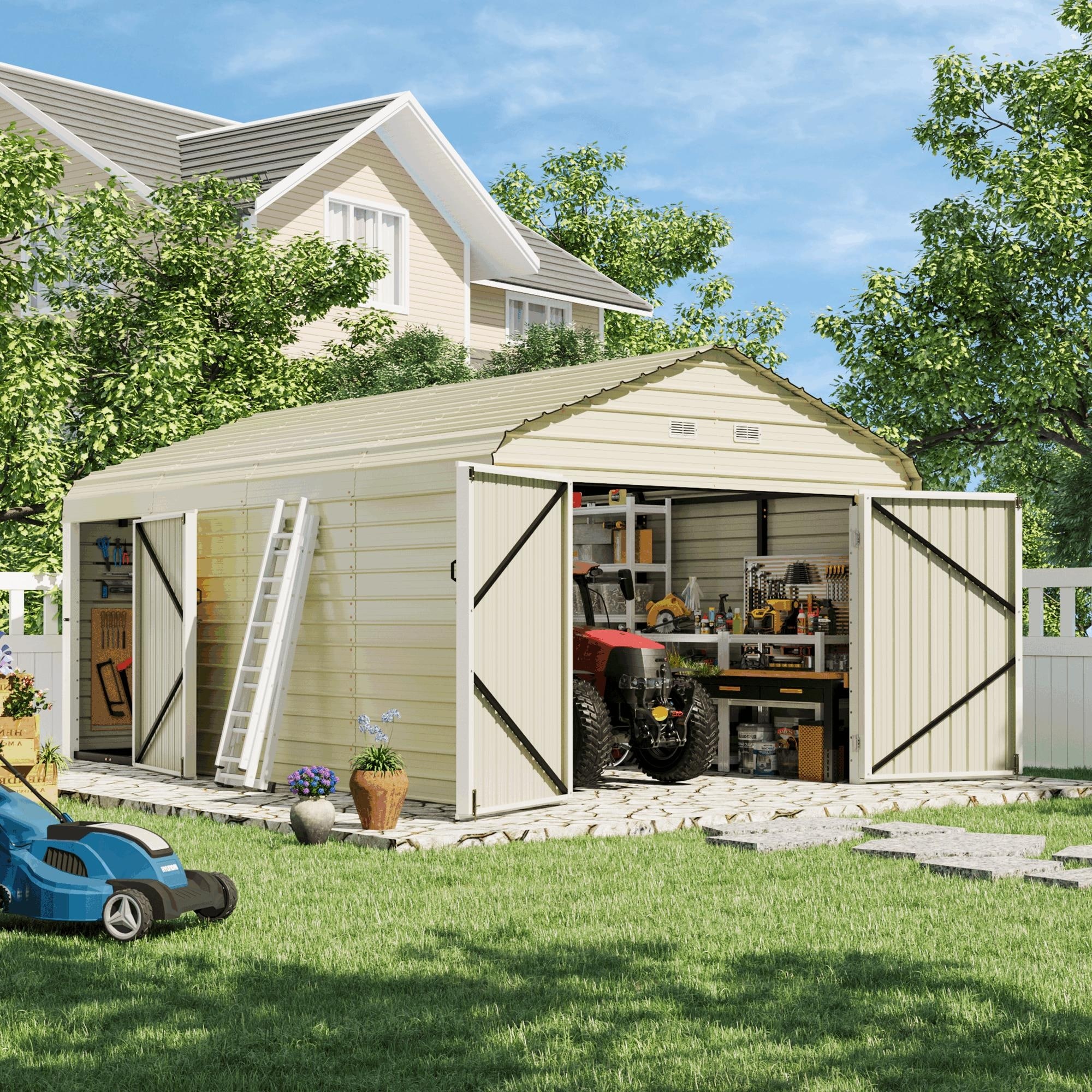 12 x 20 FT Metal Outdoor Storage Shed with Lockable Double Doors, Waterproof Garden & Tool Shed - 12 x 20 Ft