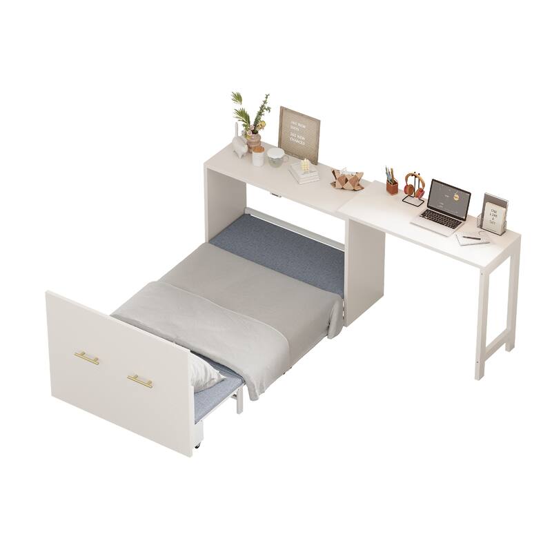 Roomfitters Twin Murphy Cabinet Bed with Adjustable Desk and Foldable Cushion, Space Saving Wall Bed for Guest Room, White
