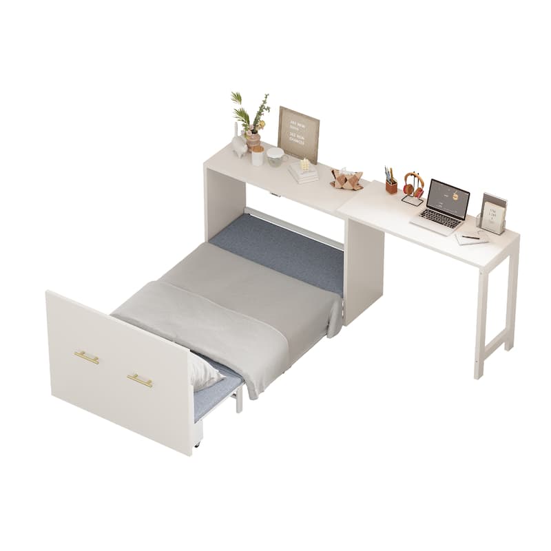 Twin Size Murphy Cabinet Bed - Adjustable Desk, Foldable Cushion, Chest Dresser for Small Spaces/Guest Room