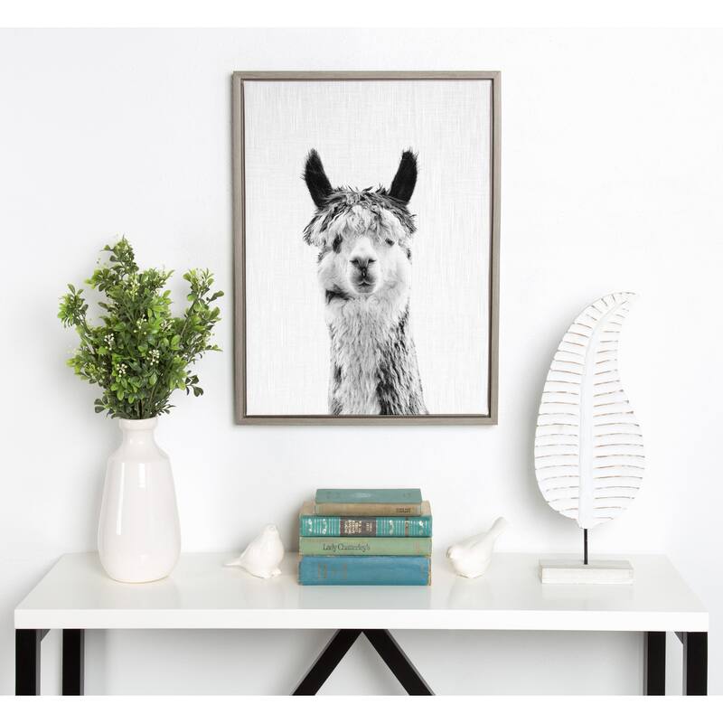 Kate and Laurel Sylvie Llama Portrait Framed Canvas Art, Gray 18x24