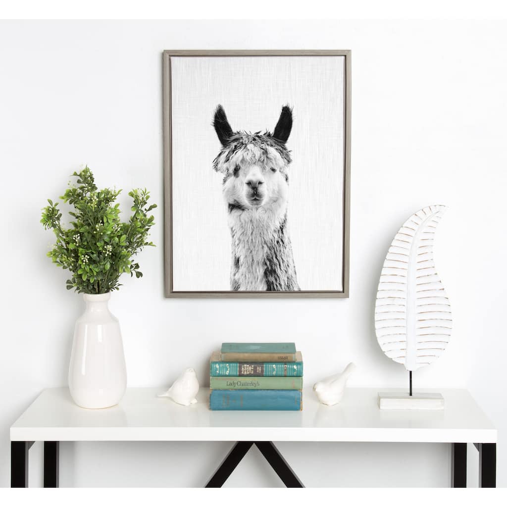 Kate and Laurel Sylvie Llama Portrait Framed Canvas Art, Gray 18x24