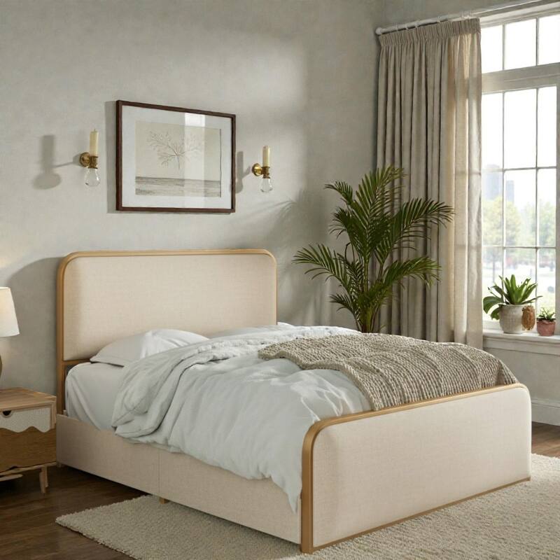 Gold Modern Metal Bed Frame with Upholstered Headboard and Footboard, 4 Storage Drawers, Heavy Duty Slats - Beige Gold - King