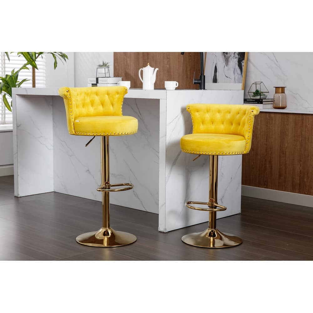 Velvet Upholstered Tufted Nailheads Swivel Adjustable Height Bar Stools With Golden Footrest(set of 2)