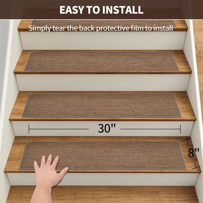 15pcs Upgraded Self Adhesive Backing Non Slip Stair Carpets, Linen Stair Treads for Indoor 30x8 in - 6' x 7'