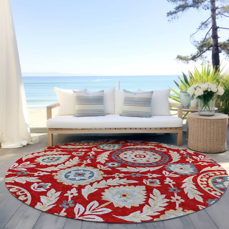 Machine Washable Indoor/ Outdoor Chantille Suzani Boho Rug - Red - 8' x 8'