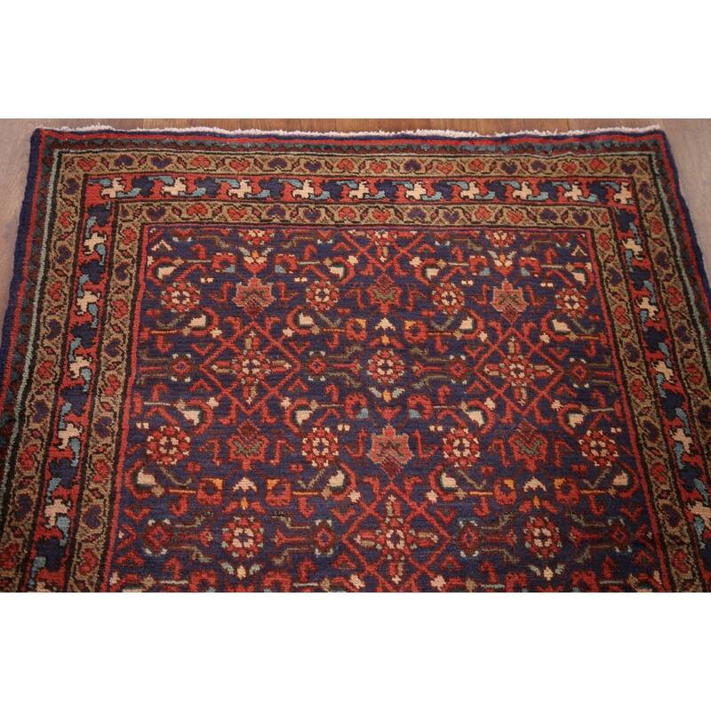 Hand Knotted Oriental 100% Wool Carpet Traditional Geometric Navy Blue & Blues Mahal Runner Rug - 9' 8'' X 3' 7''