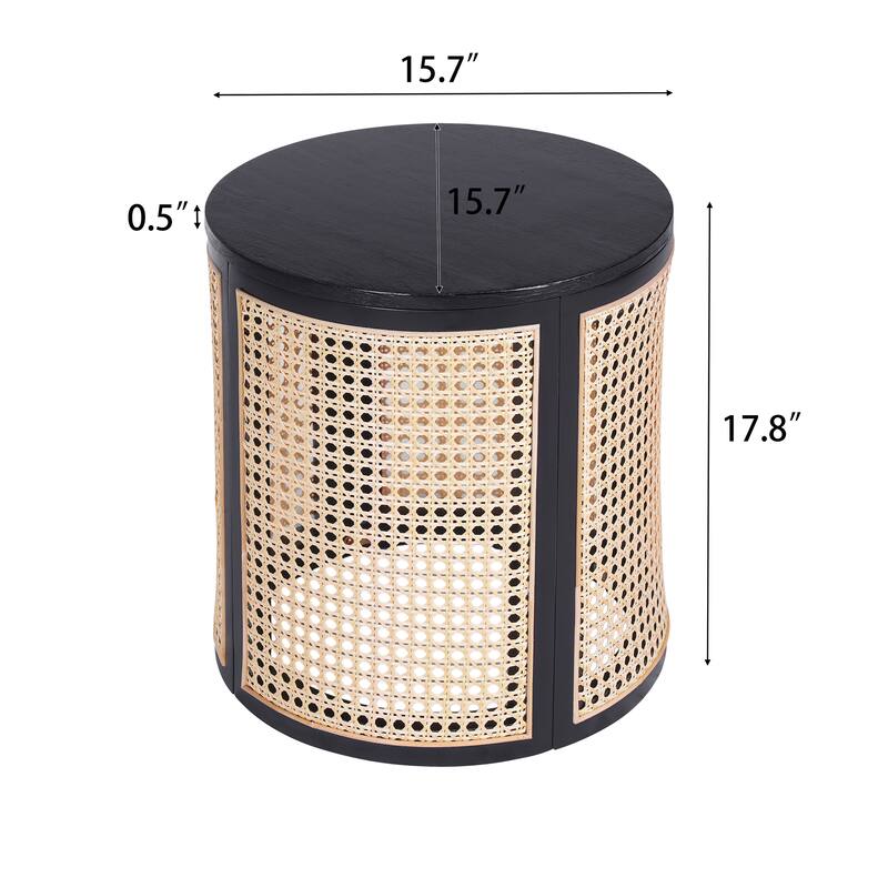 Roomfitters 15.7" Round End Table, Modern Hollow Woven Side Table with Solid Rubber Wood Tabletop and Rattan Accents