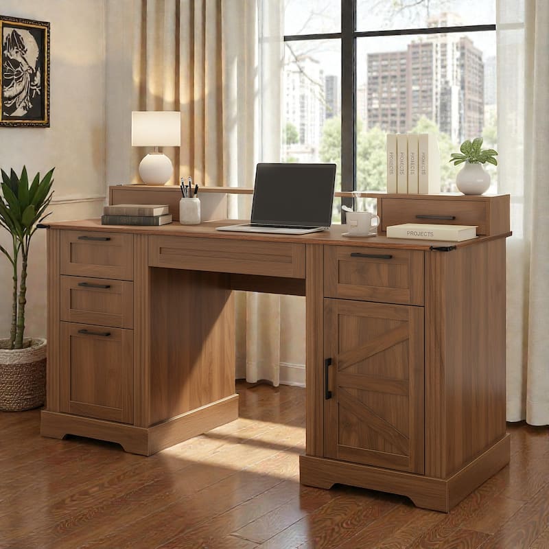59 Inch Farmhouse Office Desk with Charging Station, Barn Door Desk with File Drawer Monitor Stand and Keyboard Tray - Brown