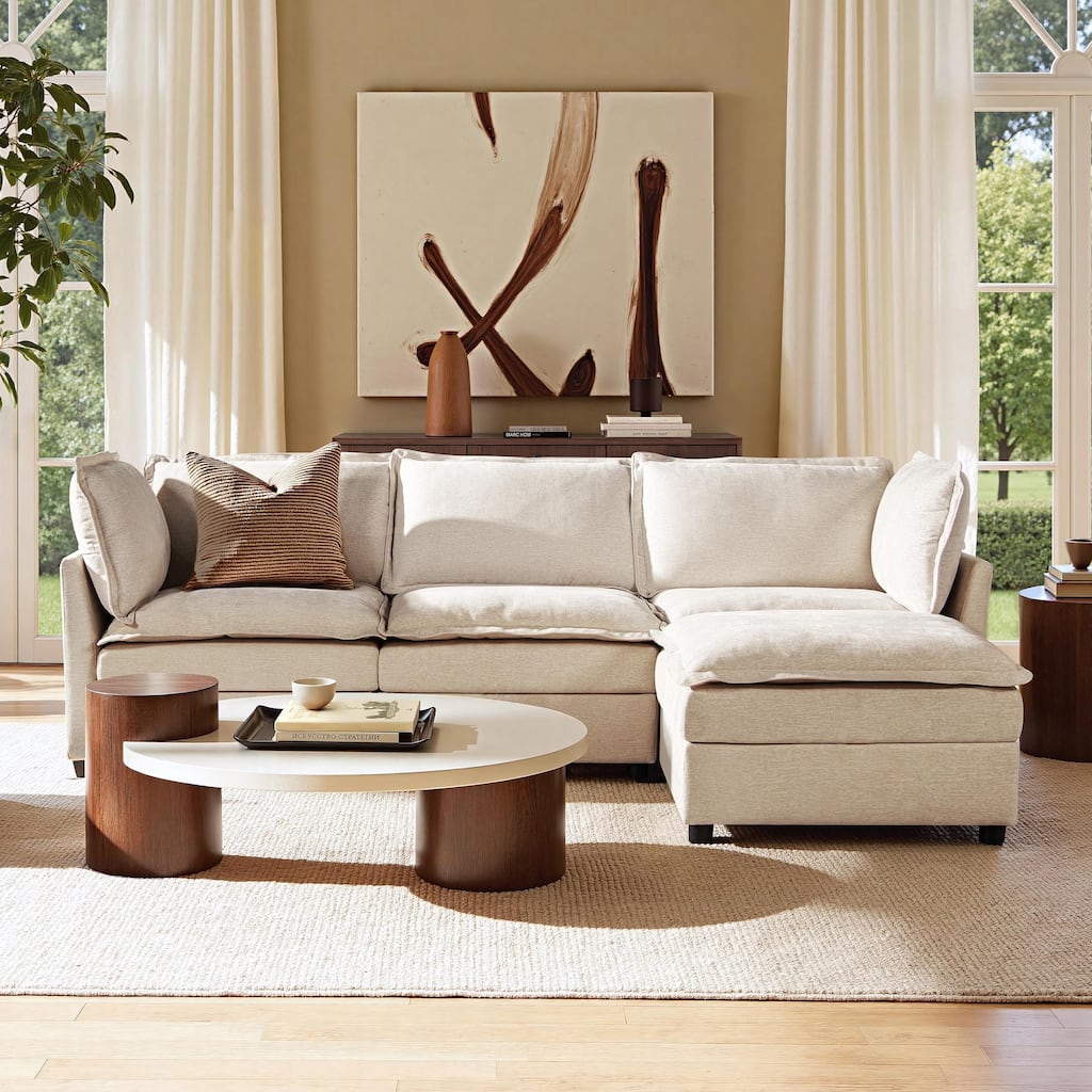 Sadie 95" Reversible Chaise Modular Sectional Sofa-in-a-Box with Storage, Sandstone Light Beige Chenille