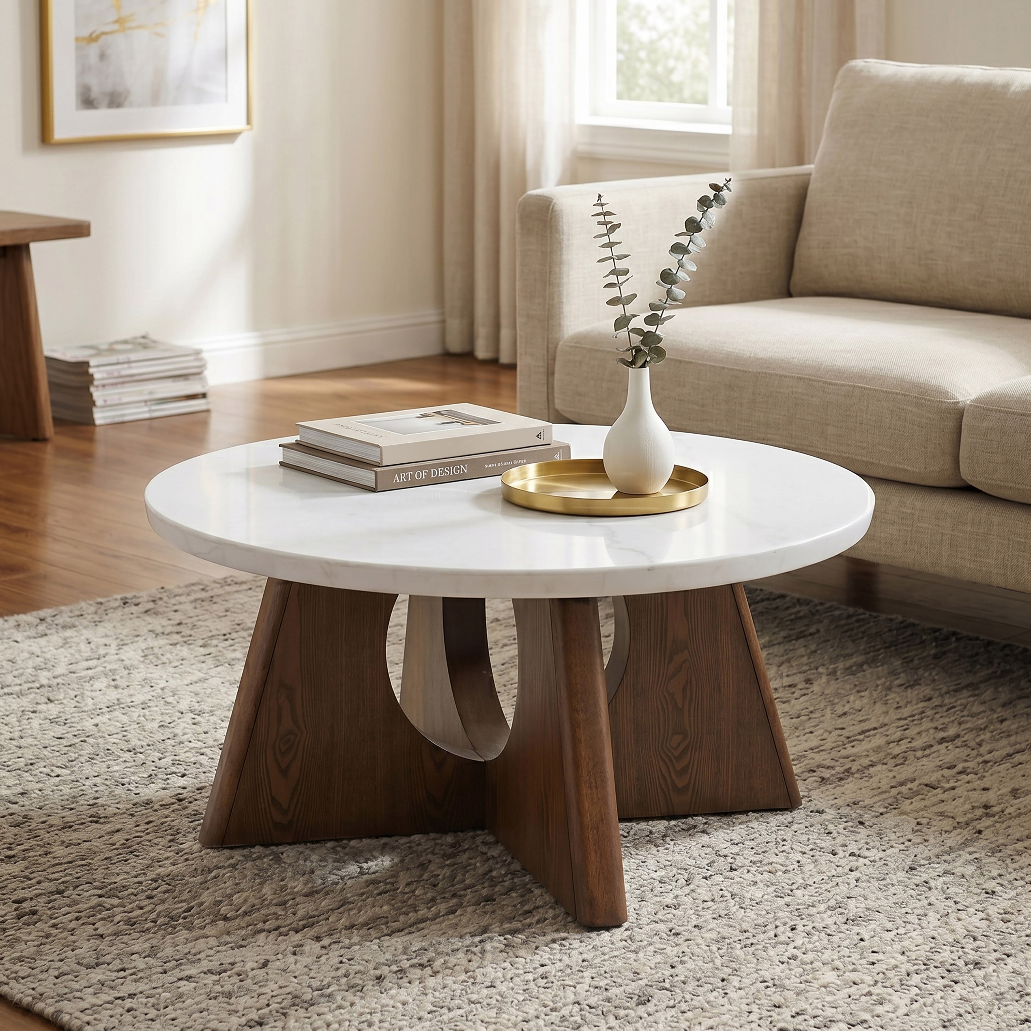 Furniture of America Eireo Organic Modern Brown Oak Cutout Pedestal Base Coffee Table with Genuine Marble Top