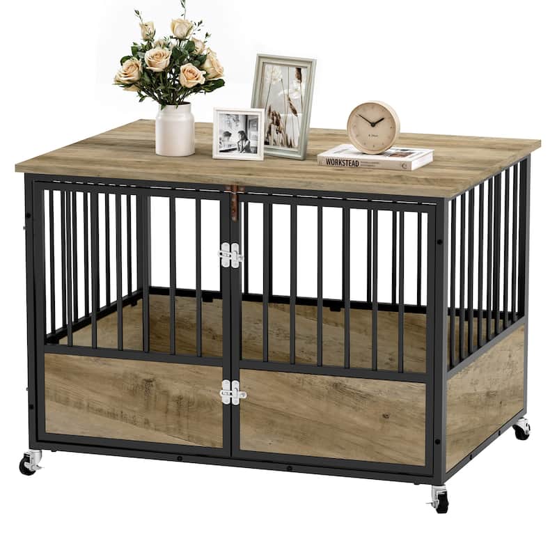 38"/43" Dog Crate Furniture Cage Table with Wheels And Double Doors - 43" - Grey
