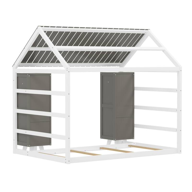 Wooden Twin Size Kids Floor Bed with Two Movable Wardrobes, Fence and Roof
