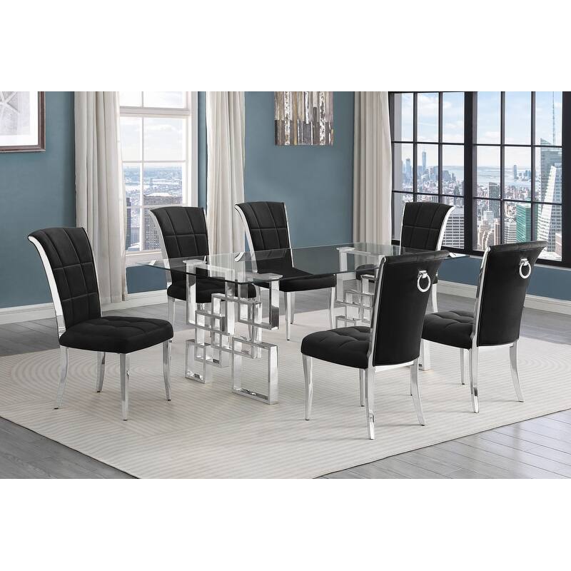 Best Quality Furniture D221/2-SC320-7 Dining Set with 12mm Tempered Glass - 7-Piece - Black with Silver
