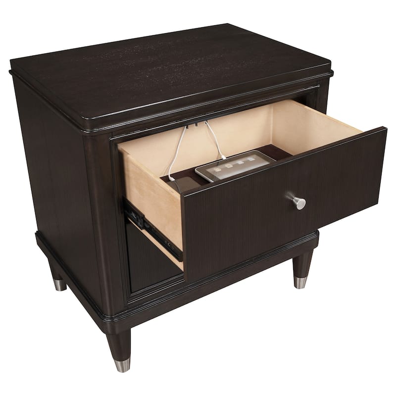 Amber Nightstand, 2 Drawers, Round Metal Knobs, Tapered Legs, Brown Wood