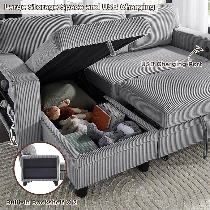 Modern Sleeper Sofa Bed, Couch Bed with Bookshelves & Charging Port