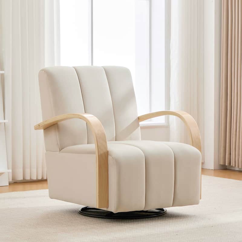 30.7"W Upholstered 360°Swivel Accent Chair with Solid Wood Armrests and Comfy Channel Tufted Lounge Reading Chair - Beige