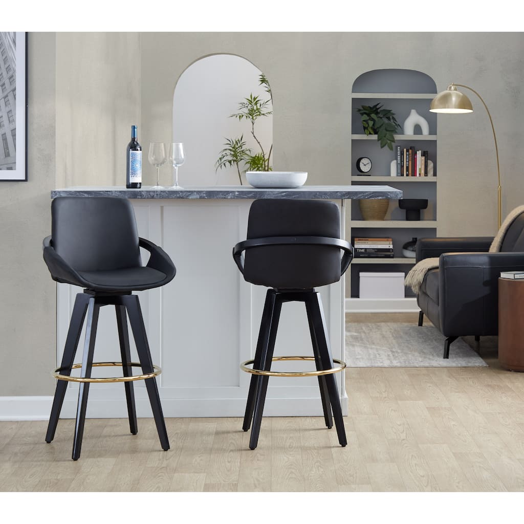 Porch & Den Pugo 30" Fixed-Height Bar Stool with Splayed Wood Legs & Gold Footrest (Set of 2)