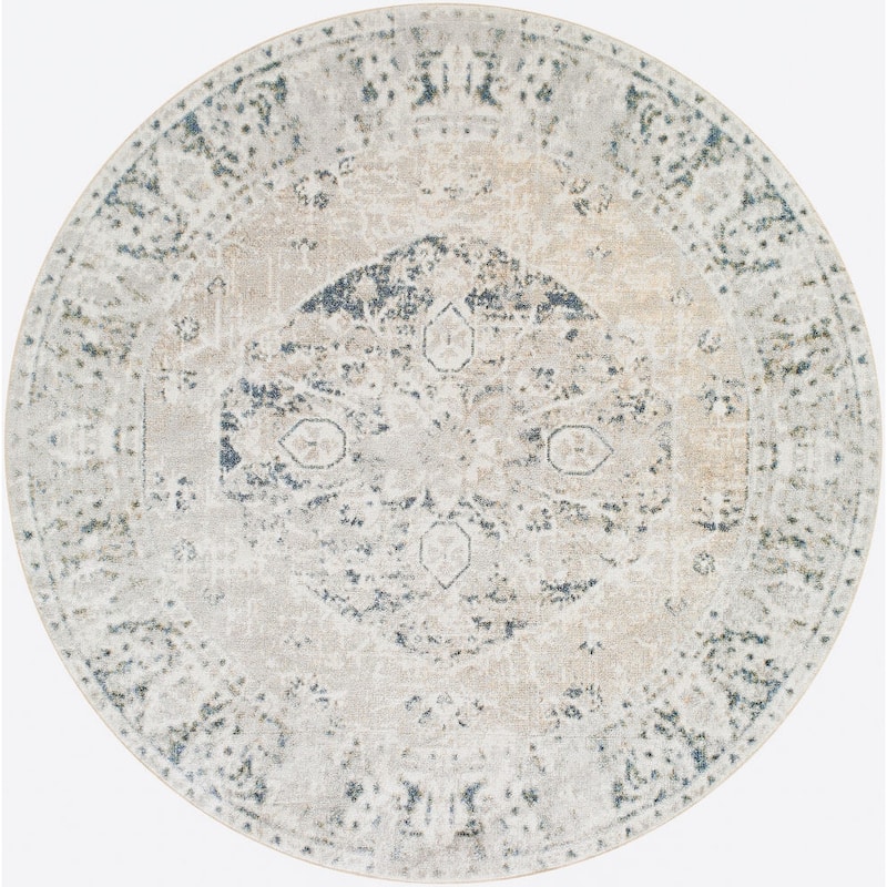 Livabliss Lillian Machine Washable Vintage Area Rug - Faded Beige - 6'7" Round