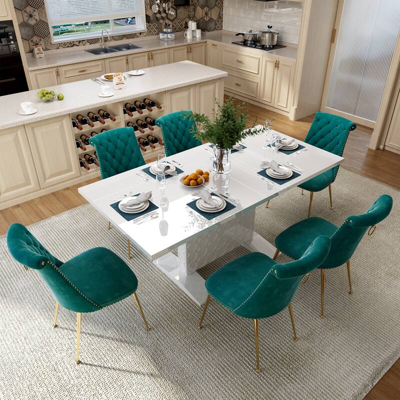 7-Piece Clihome High-gloss Extendable Table Velvet Chair Dining Set - Green