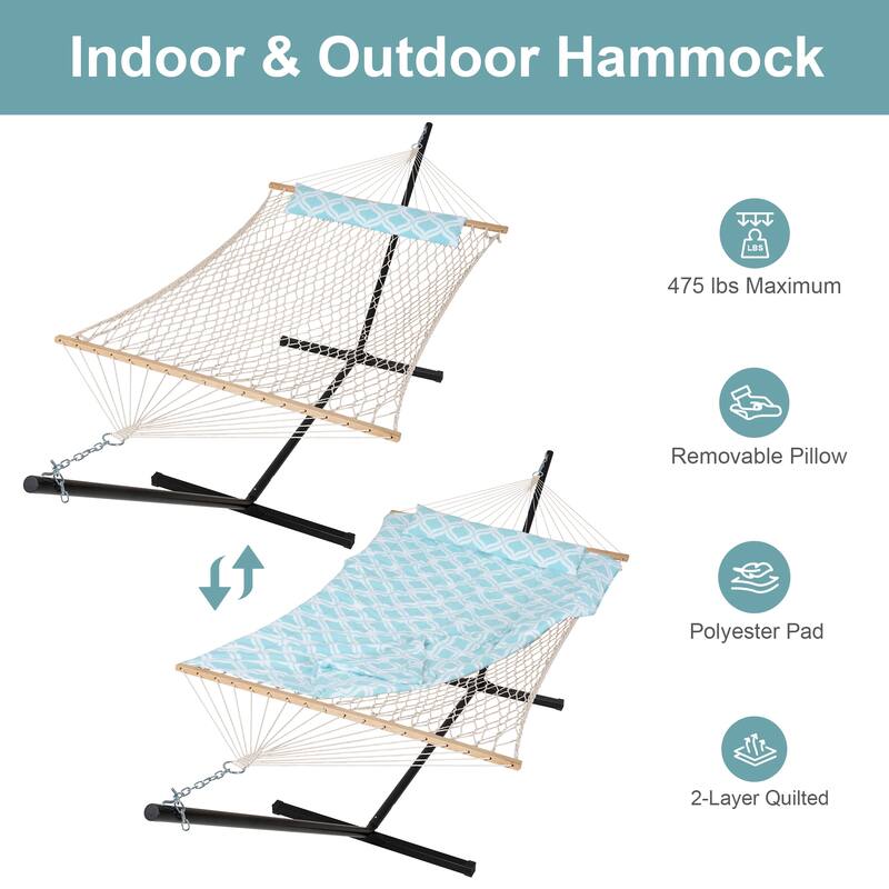 Double Hammock with Stand, Two Person Cotton Rope Hammock