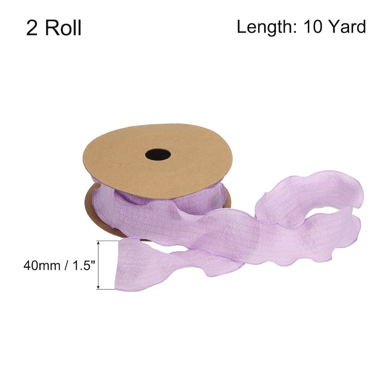 2pcs 1.5 Inch 10 Yard Satin Double Ruffle Edge Ribbon Solid Color - Purple