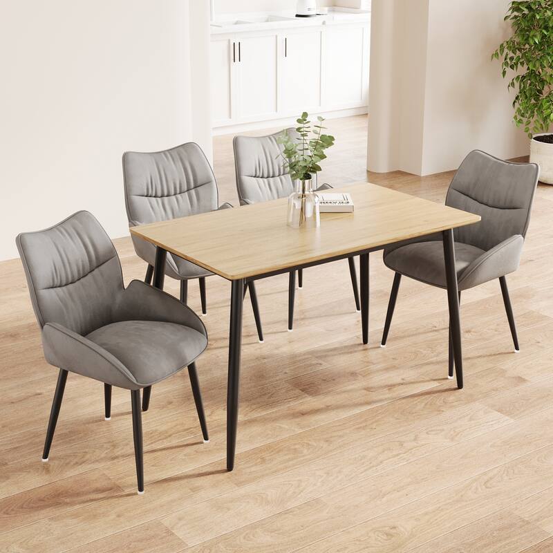 Modern Dining Table & Chairs Set with 4 Gray Plush Chairs