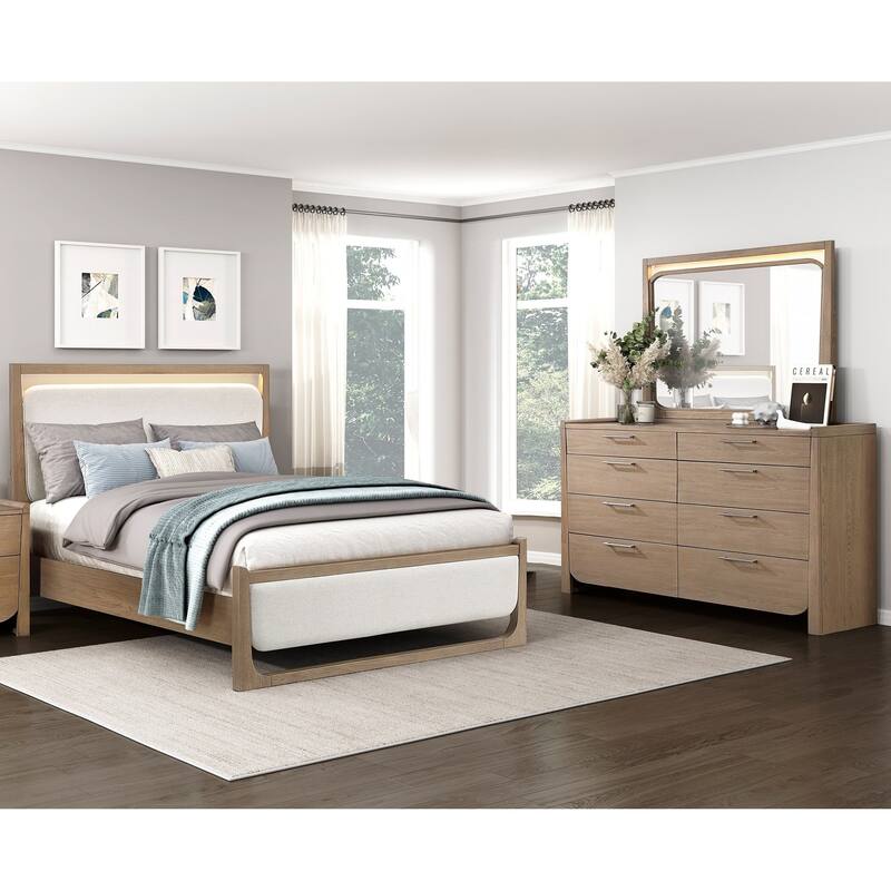 Contemporary Light Brown 3pc Bedroom Furniture LED Bed Dresser Mirror Set