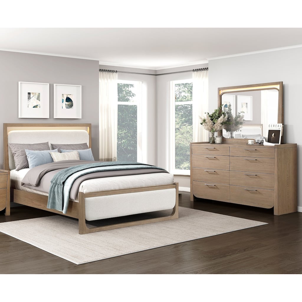 Contemporary Light Brown 3pc Bedroom Furniture LED Bed Dresser Mirror Set