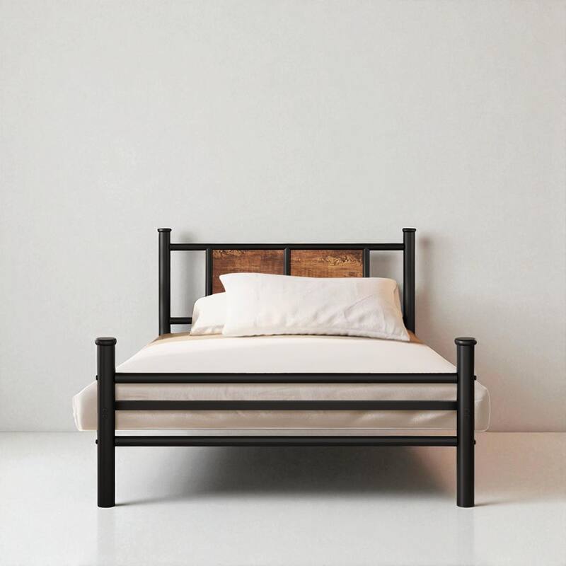 Twin Metal Bed Frame with Wood Headboard and Footboard, No Box Spring Needed - Black - Twin