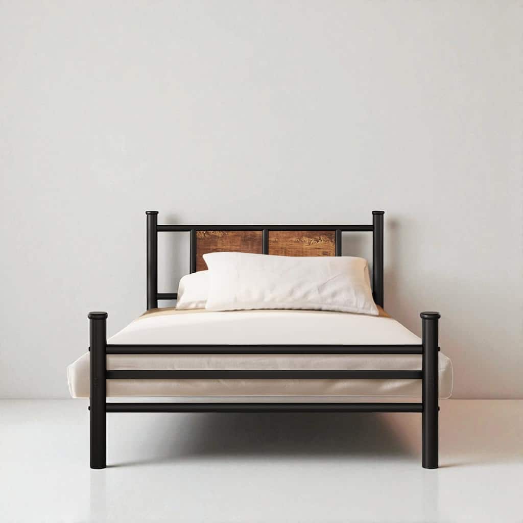 Twin Metal Bed Frame with Wood Headboard and Footboard, No Box Spring Needed